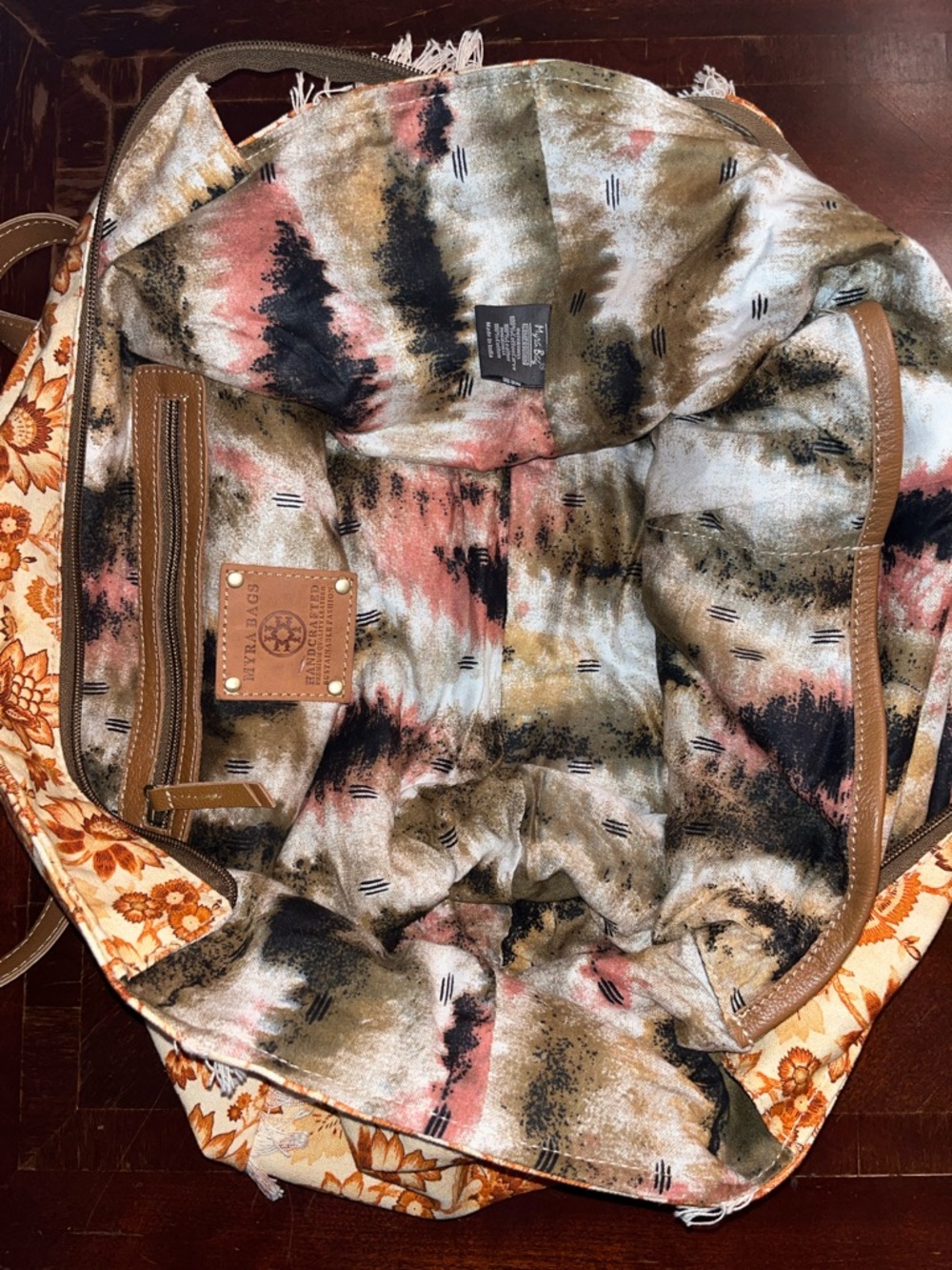 Myra Bag Floral Canvas Tote in Brown and Cream with fringe - Picture 7 of 10